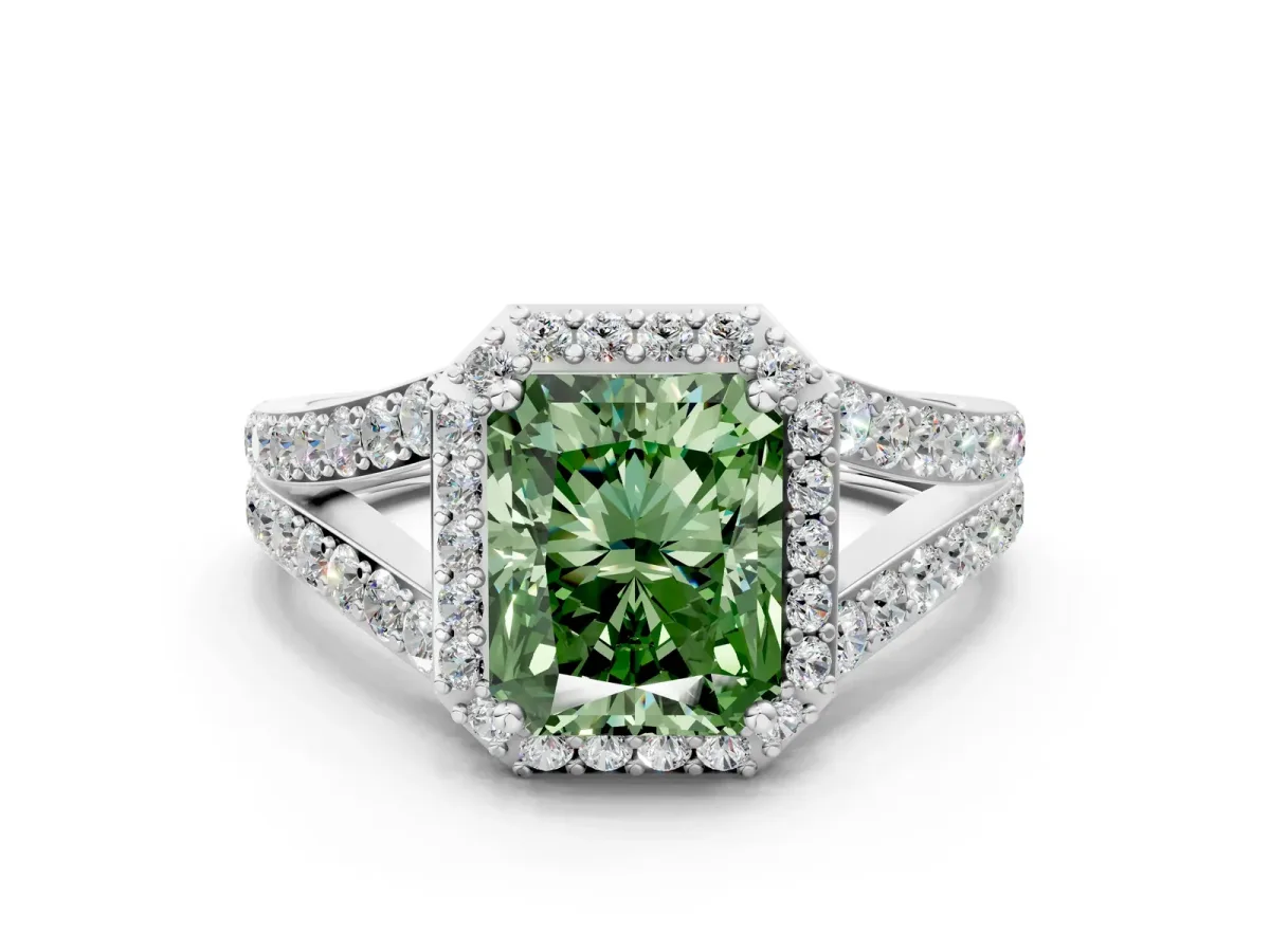 Fancy Green Radiant Cut Diamond Split Shank Halo Ring with Four-Prong Setting Platinum