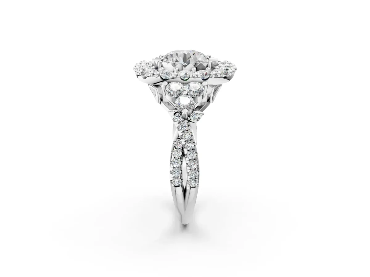 Round Cut Diamond Halo Ring with Pavé Band and Four-Prong Setting Silver