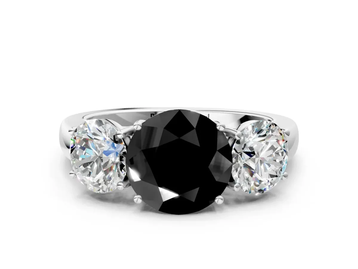 Fancy Black Round Cut Diamond Three-Stone Ring with Four-Prong Setting and Classic Band Platinum
