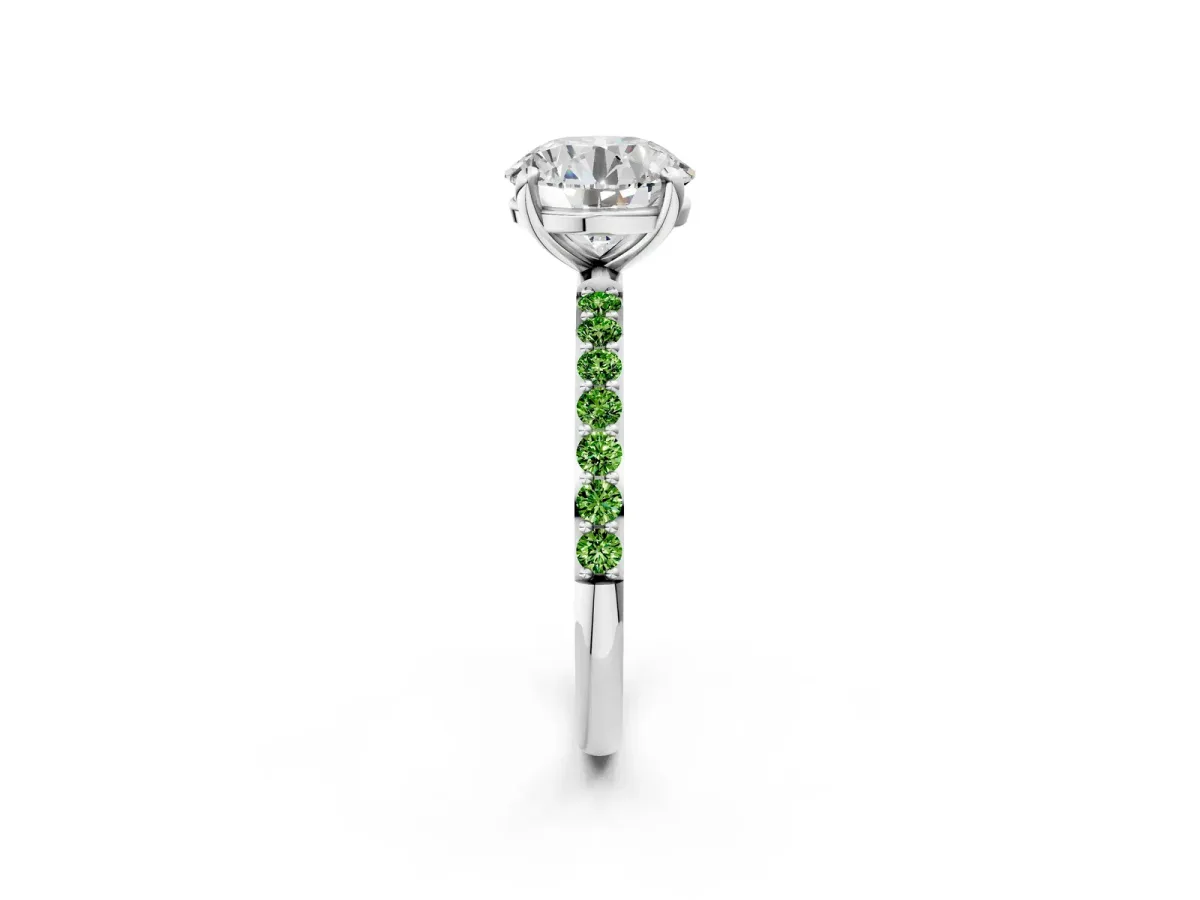 Round Cut Diamond Solitaire Ring with Round Peridot Pavé Band and Prong Setting Silver