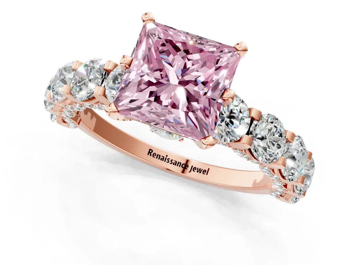 Fancy Pink Princess Cut Diamond Side Stone Engagement Ring with Four-Prong Setting Rose gold