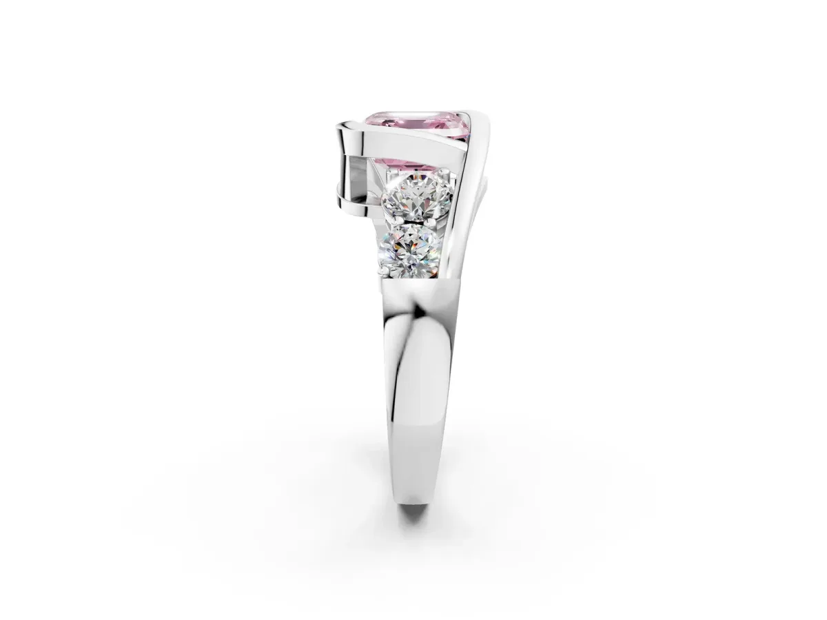 Fancy Pink Bezel Set Asscher Cut Diamond Bypass Ring with Round Accents Platinum