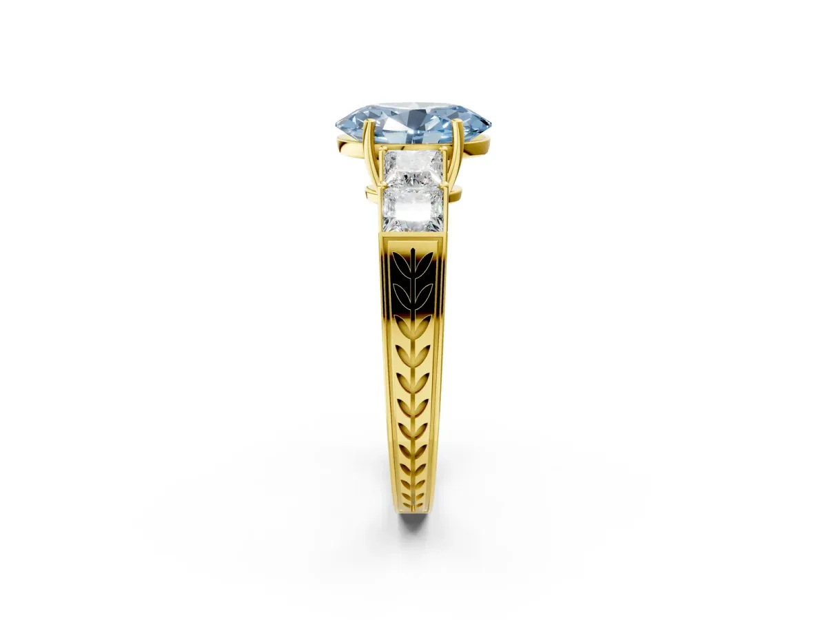 Fancy Blue Oval Cut Solitaire Princess Side Stone Engraved Band Prong Setting Ring Yellow gold
