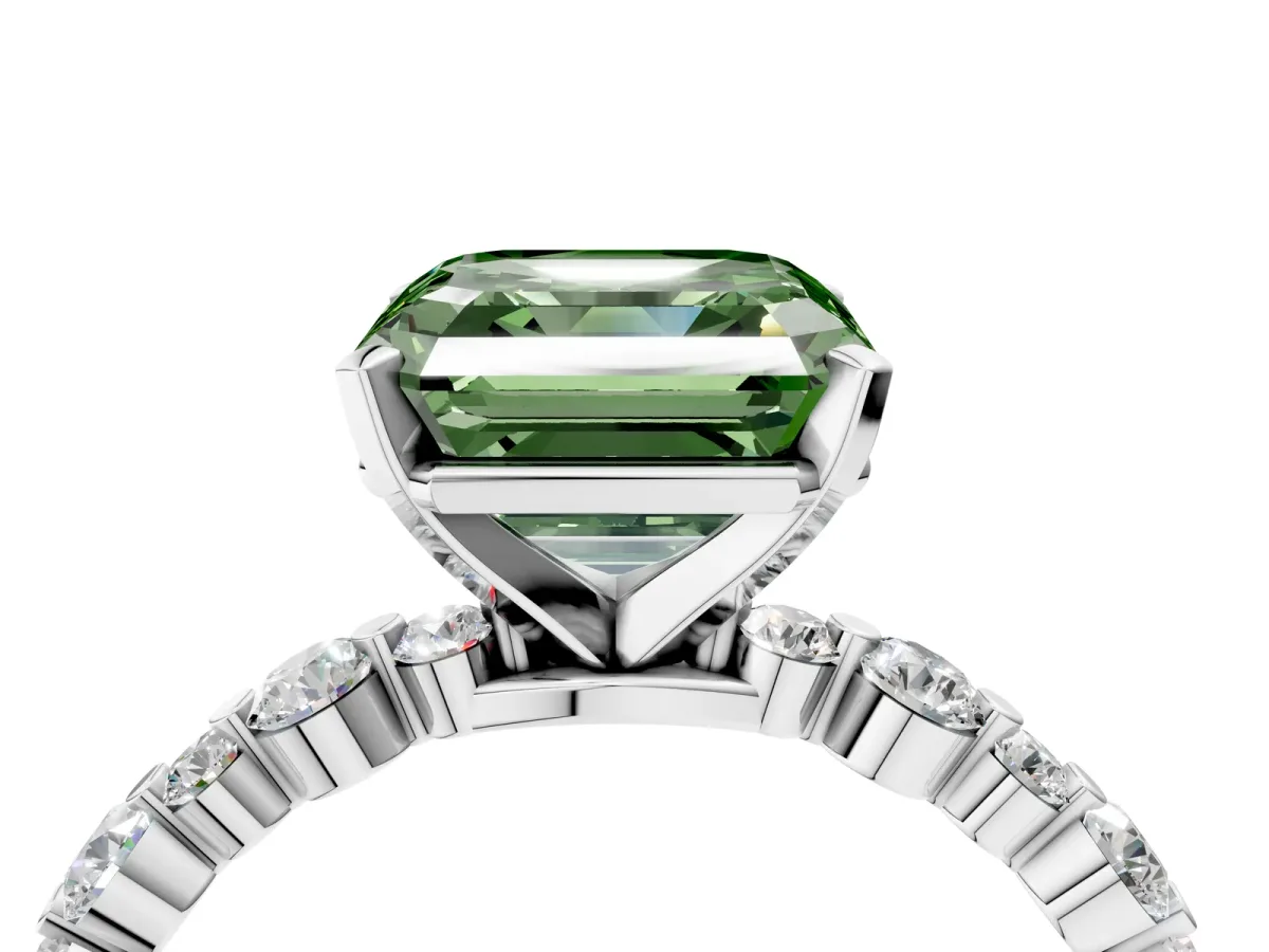 Fancy Green Asscher Cut Diamond Prong Set Engagement Ring with Pavé Band Platinum