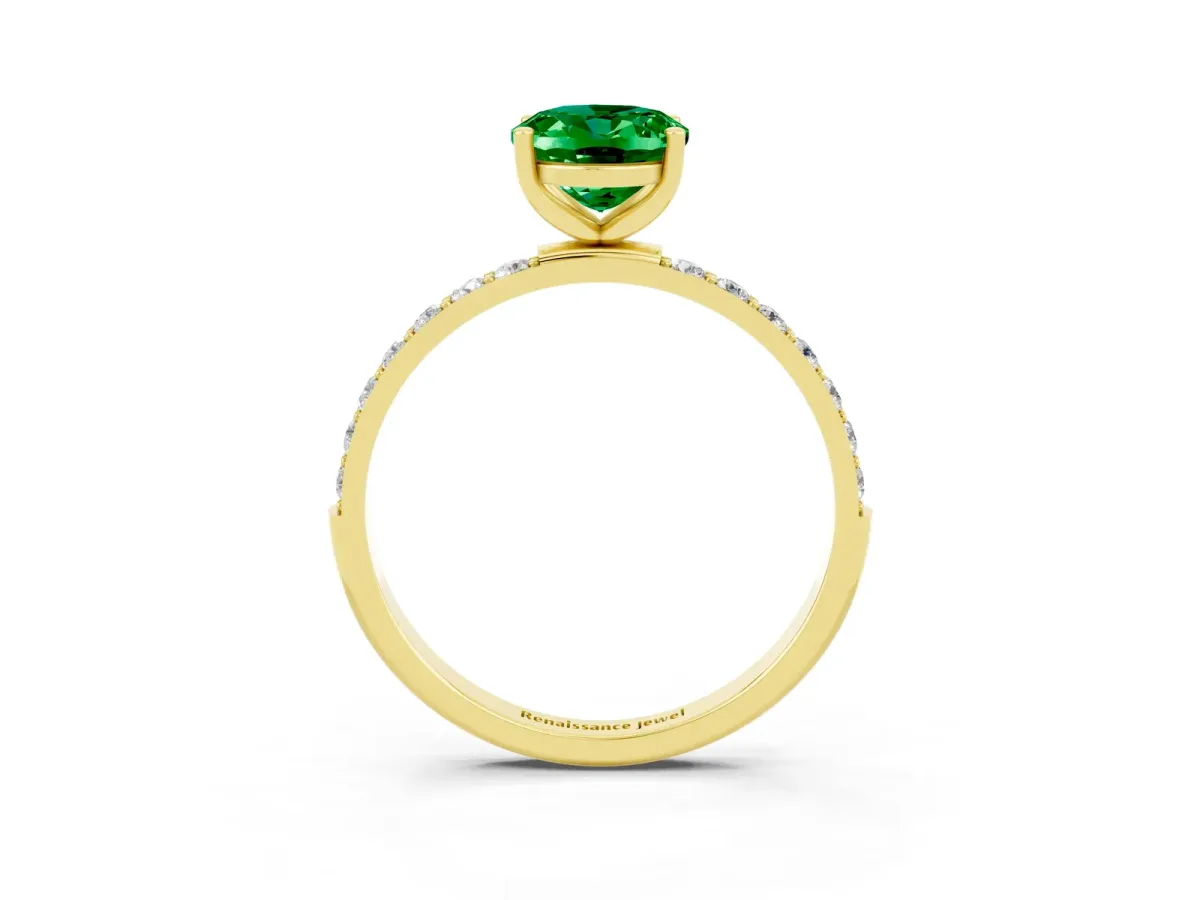 Oval Cut Emerald Solitaire Ring with Round Pavé Band and Prong Setting Yellow gold