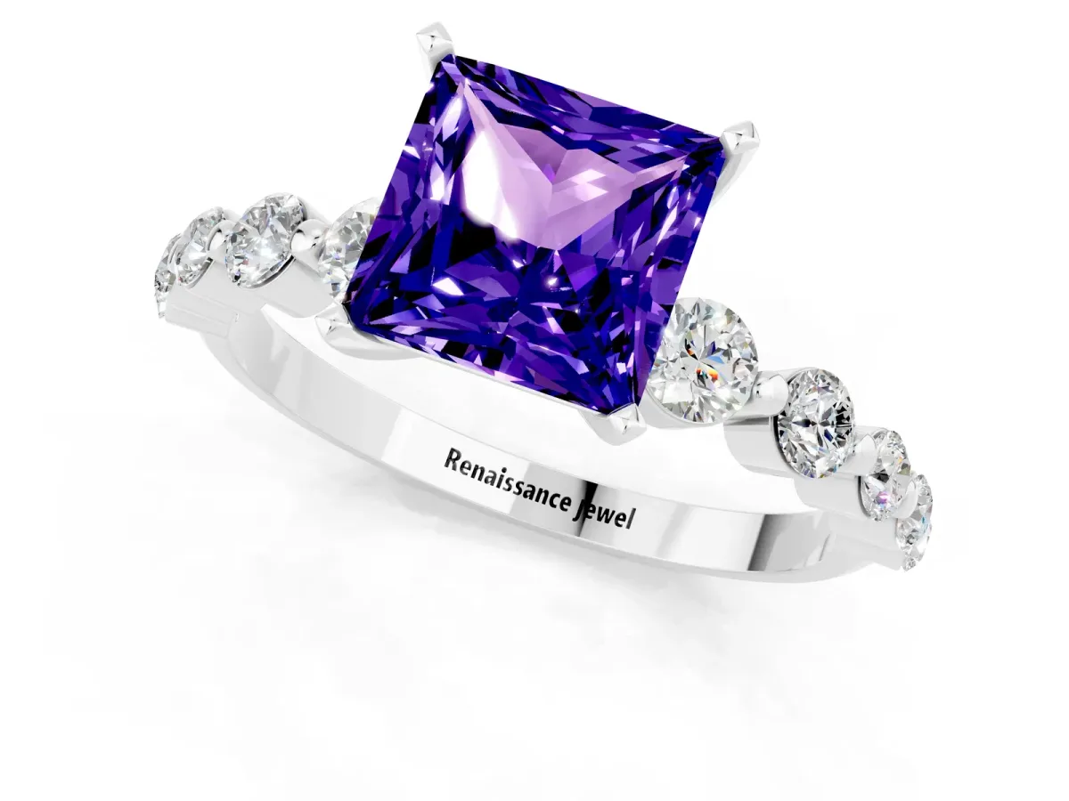 Princess Cut Solitaire Tanzanite Ring with Pave Band and Four-Prong Setting Silver