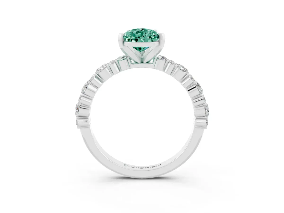 Pear Cut Green Sapphire Side Stone Solitaire Ring with Round and Four-Prong Setting White gold