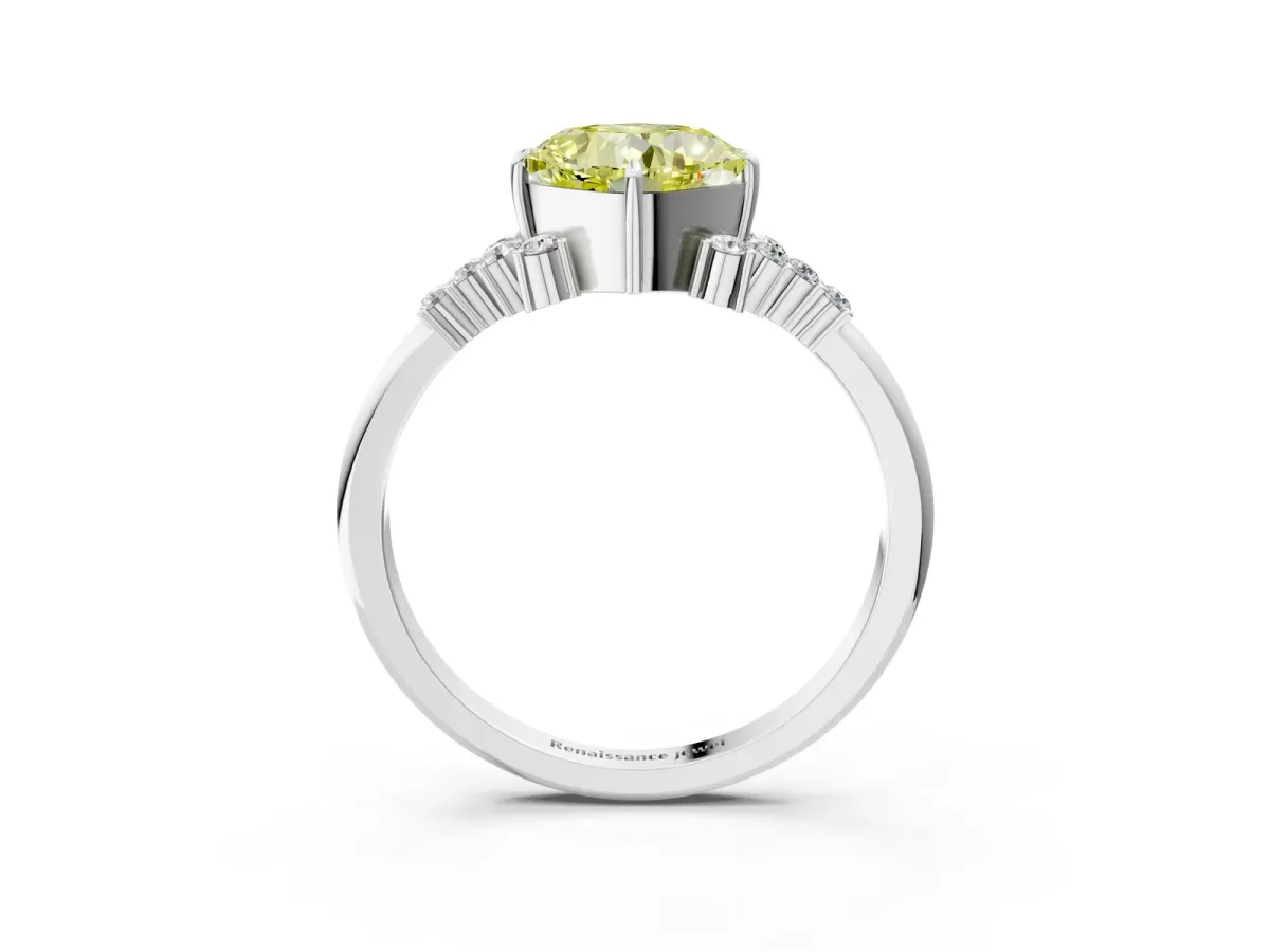 Fancy Yellow Cushion Cut Diamond Ring with Side Stones and Four-Prong Setting Silver