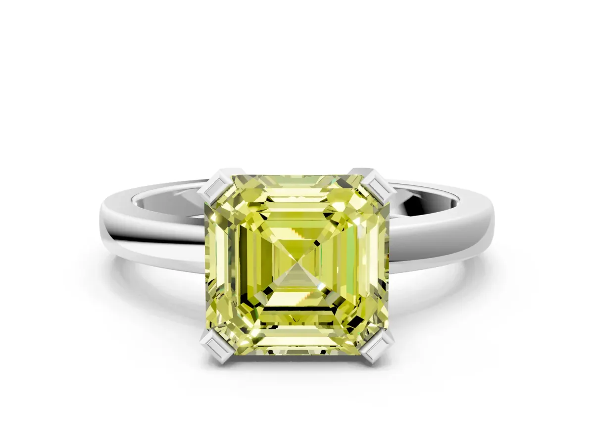 Fancy Yellow Asscher Cut Cut Solitaire Ring with Four-Prong Setting and Classic Band Platinum