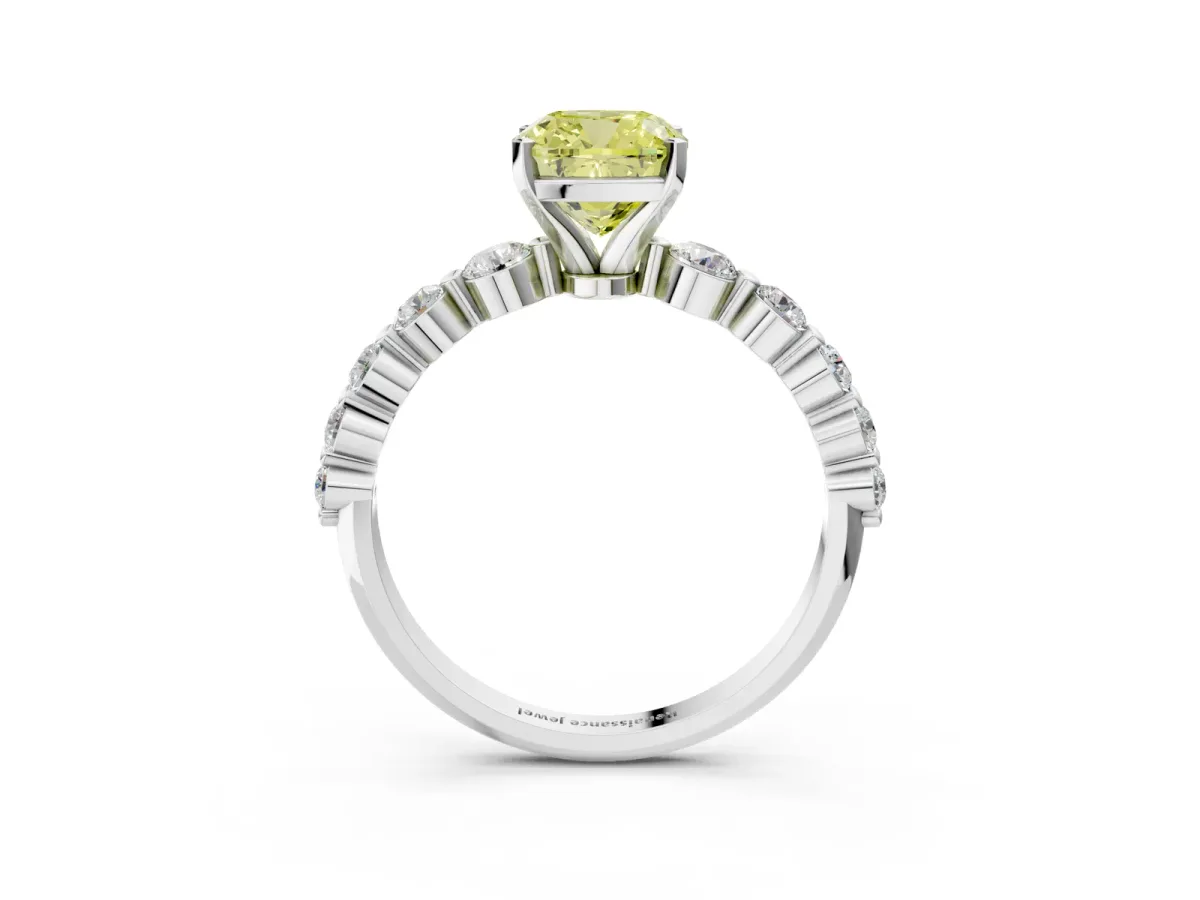 Fancy Yellow Cushion Cut Solitaire Diamond Ring with Pave Band and Four-Prong Setting Silver
