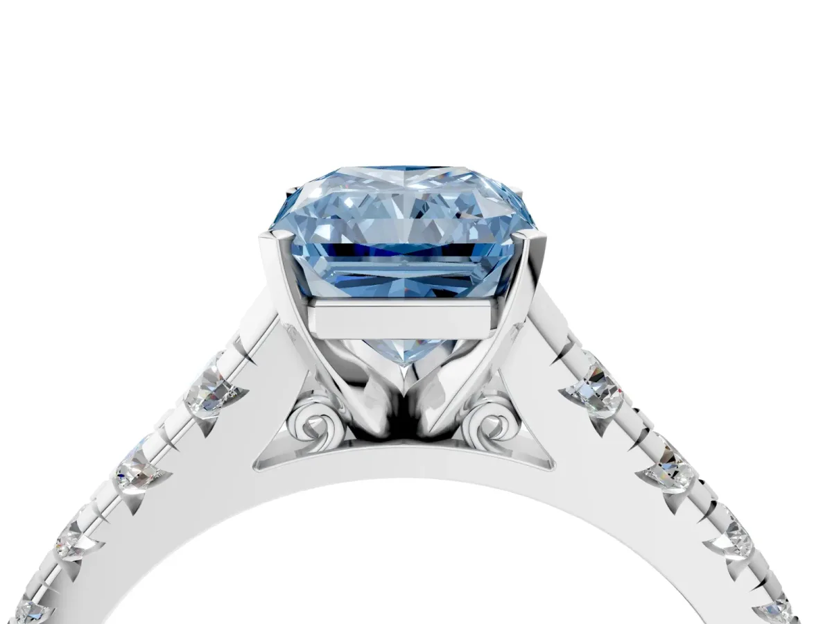 Fancy Blue Radiant Cut Diamond Cathedral Solitaire Ring with Round Pavé Band Silver