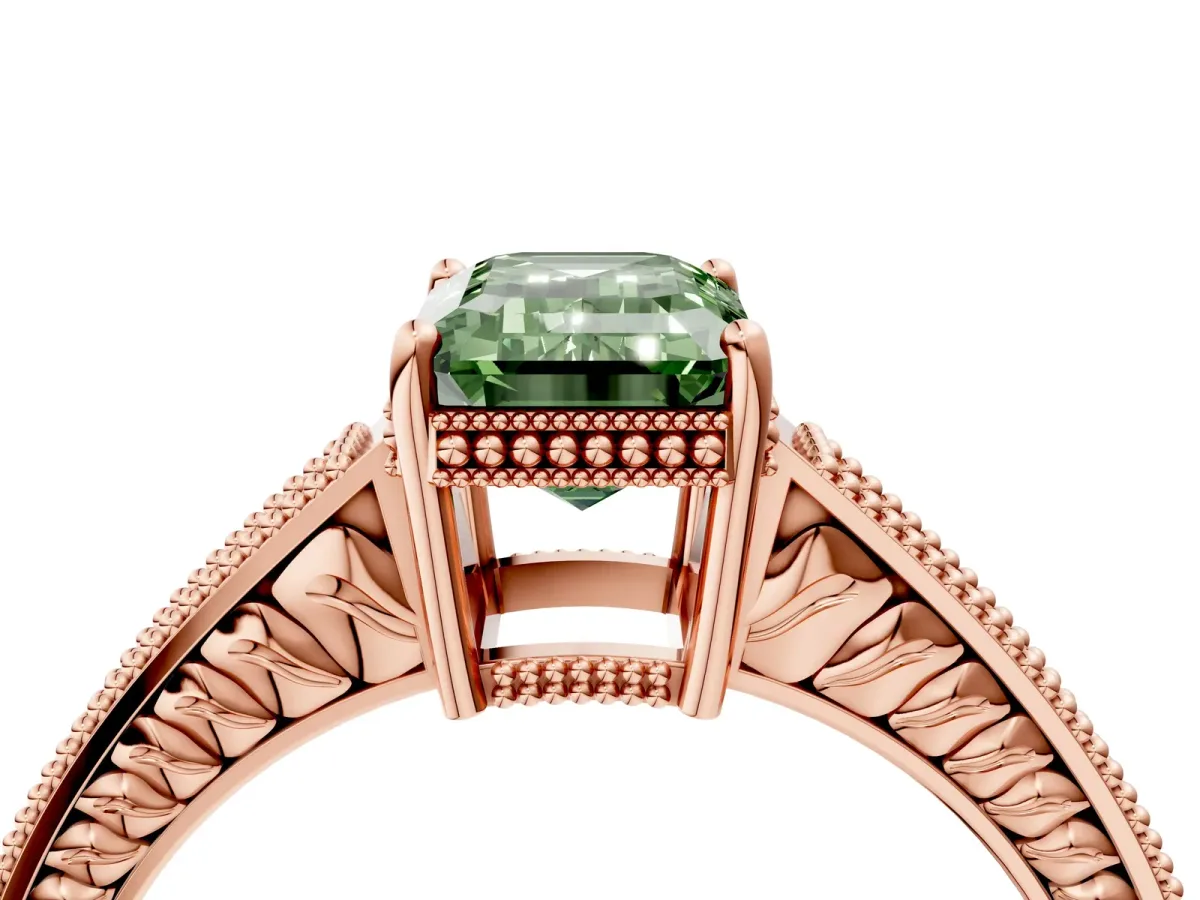 Fancy Green Emerald Cut Cut Diamond Milgrain Pave Band Four-Prong Setting Ring Rose gold