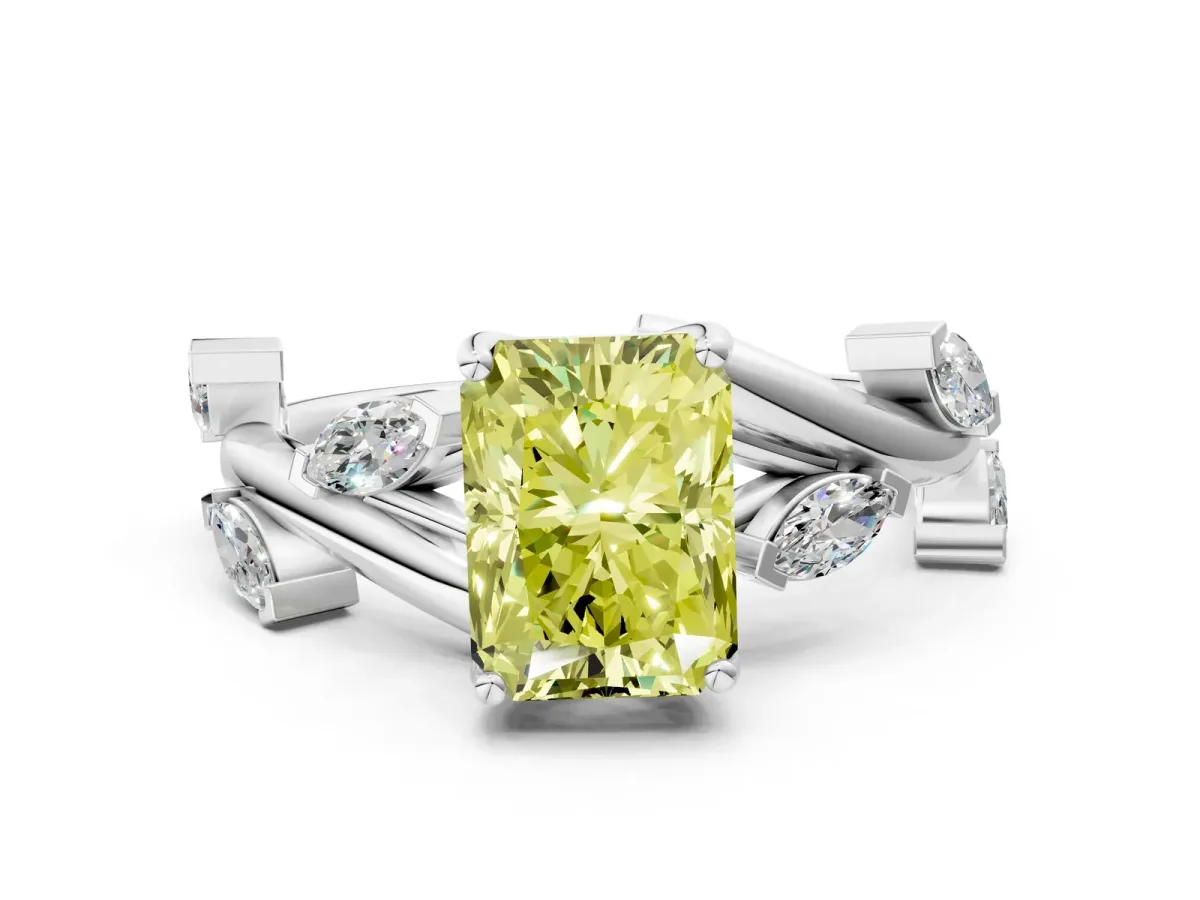 Fancy Yellow Radiant Cut Solitaire Twisted Band Marquise Accent Prong Setting Ring Platinum