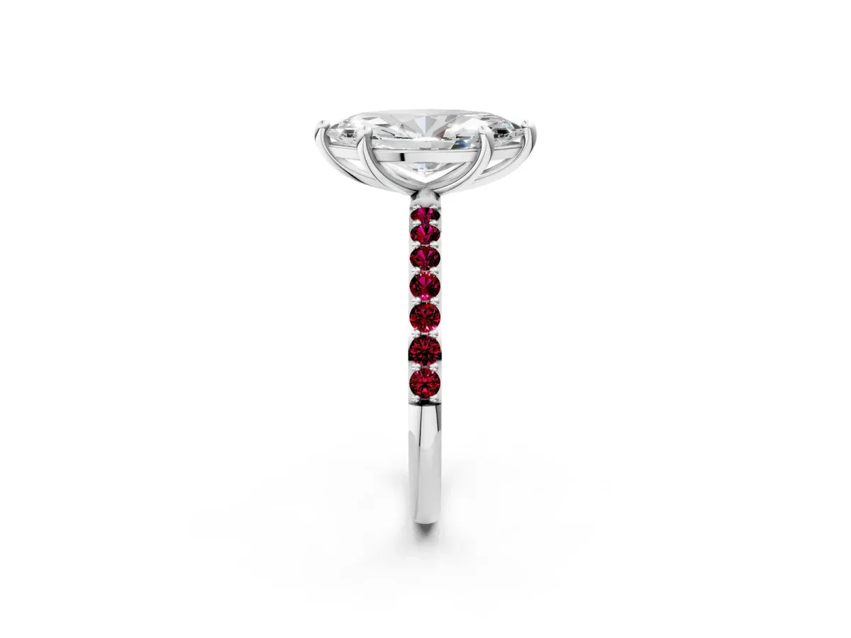 Marquise Cut Diamond Solitaire Ring with Round Garnet Pavé Band and Prong Setting Silver