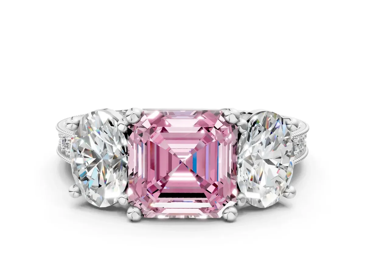 Fancy Pink Three-Stone Asscher Cut Diamond Milgrain Pave Band with Prong Setting Platinum