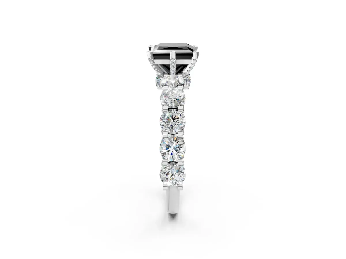 Fancy Black Princess Cut Diamond Side Stone Engagement Ring with Four-Prong Setting White gold