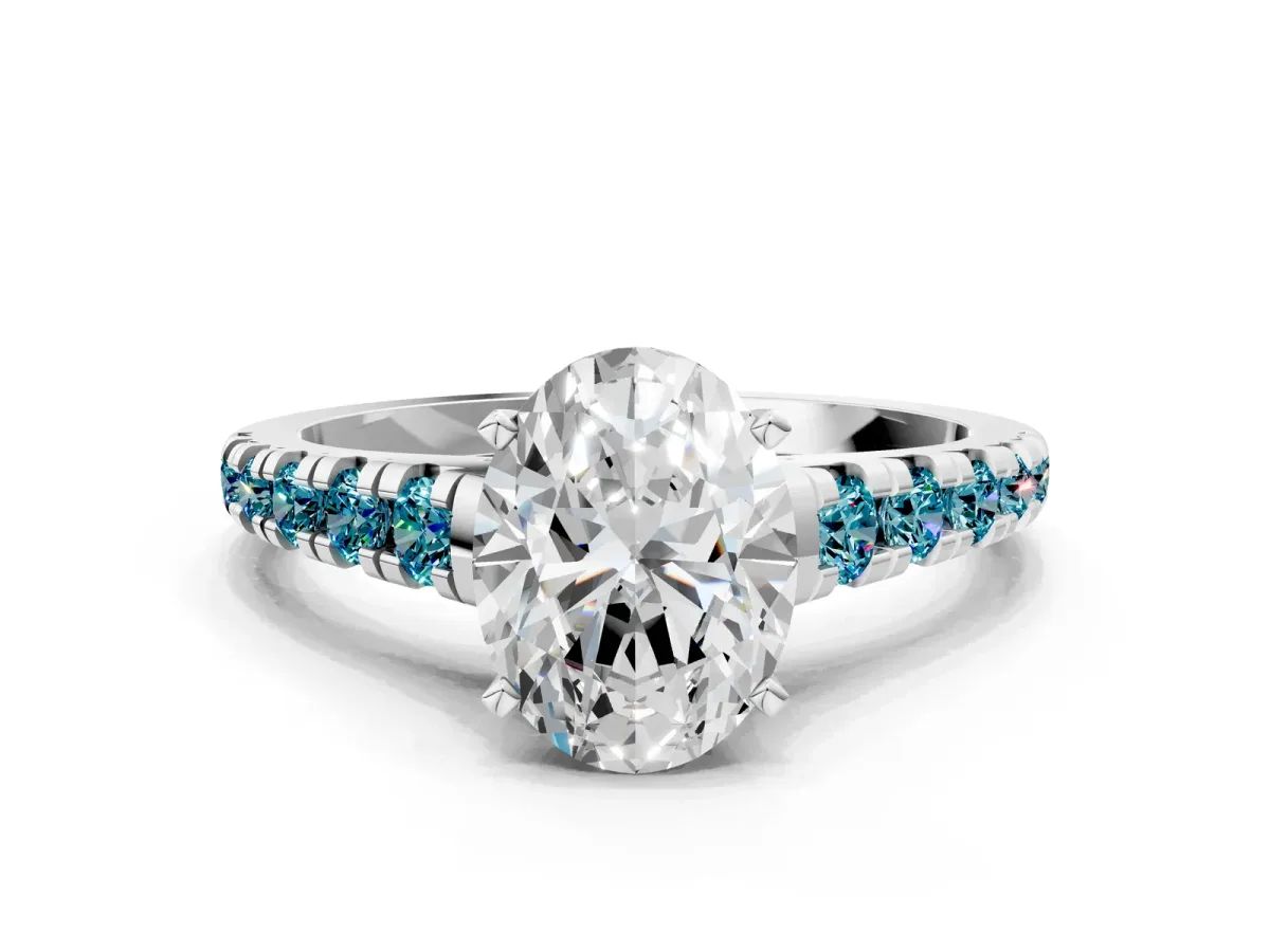 Oval Cut Diamond Cathedral Solitaire Ring with Round Blue Topaz Pavé Band Silver