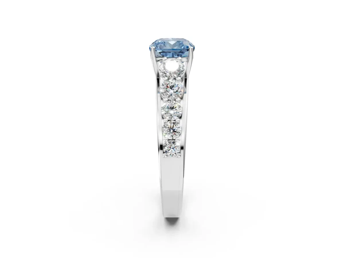 Fancy Blue Cushion Cut Brilliant Diamond Pavé Band with Six-Prong Setting Silver