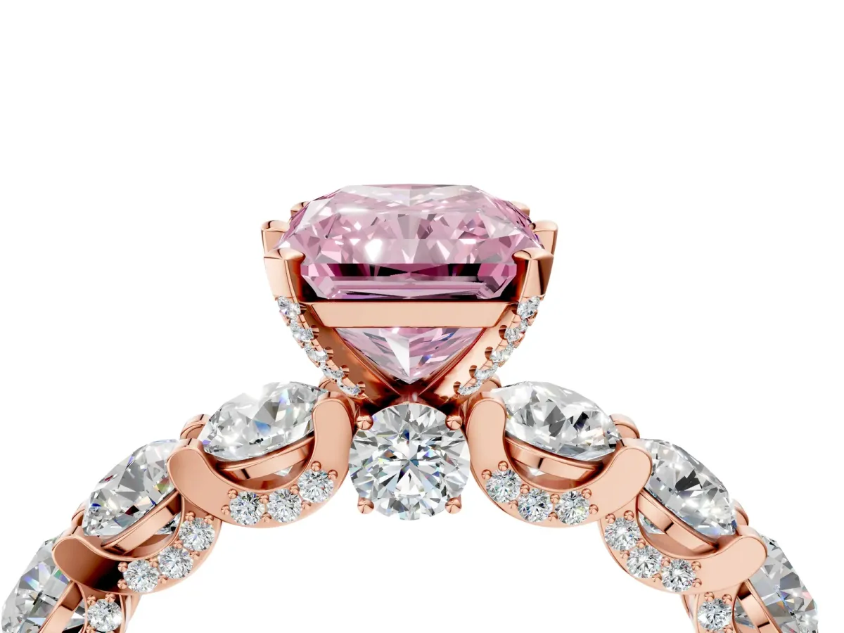 Fancy Pink Radiant Cut Diamond Side Stone Engagement Ring with Four-Prong Setting Rose gold