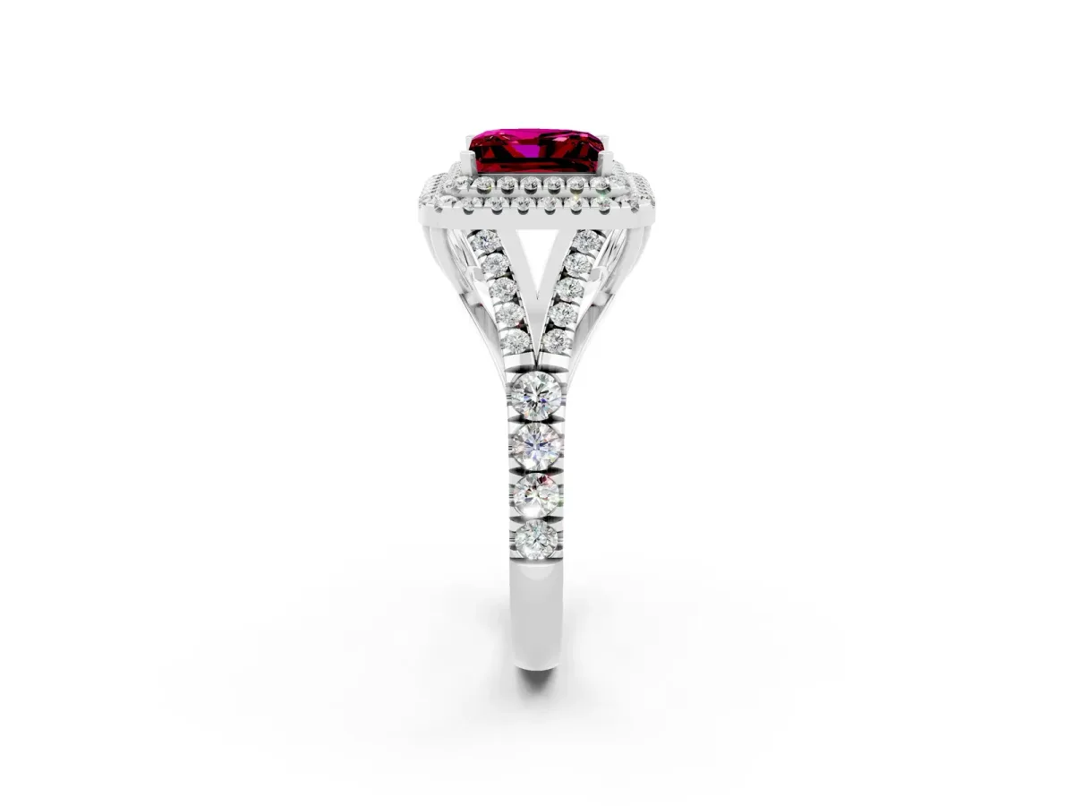 Double Halo Princess Cut Garnet Split Shank Engagement Ring with Four-Prong Setting White gold