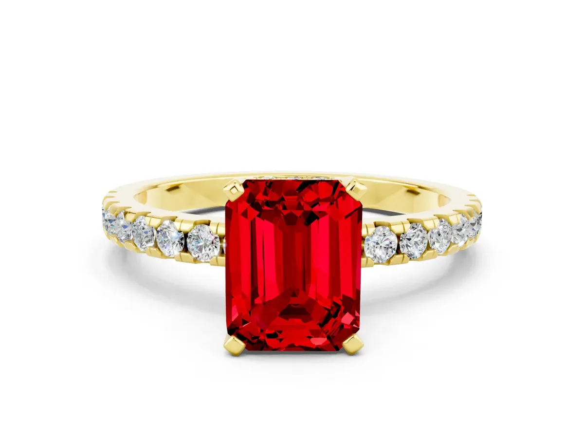 Emerald Cut Ruby Solitaire Ring with Round Pavé Band and Four-Prong Setting Yellow gold