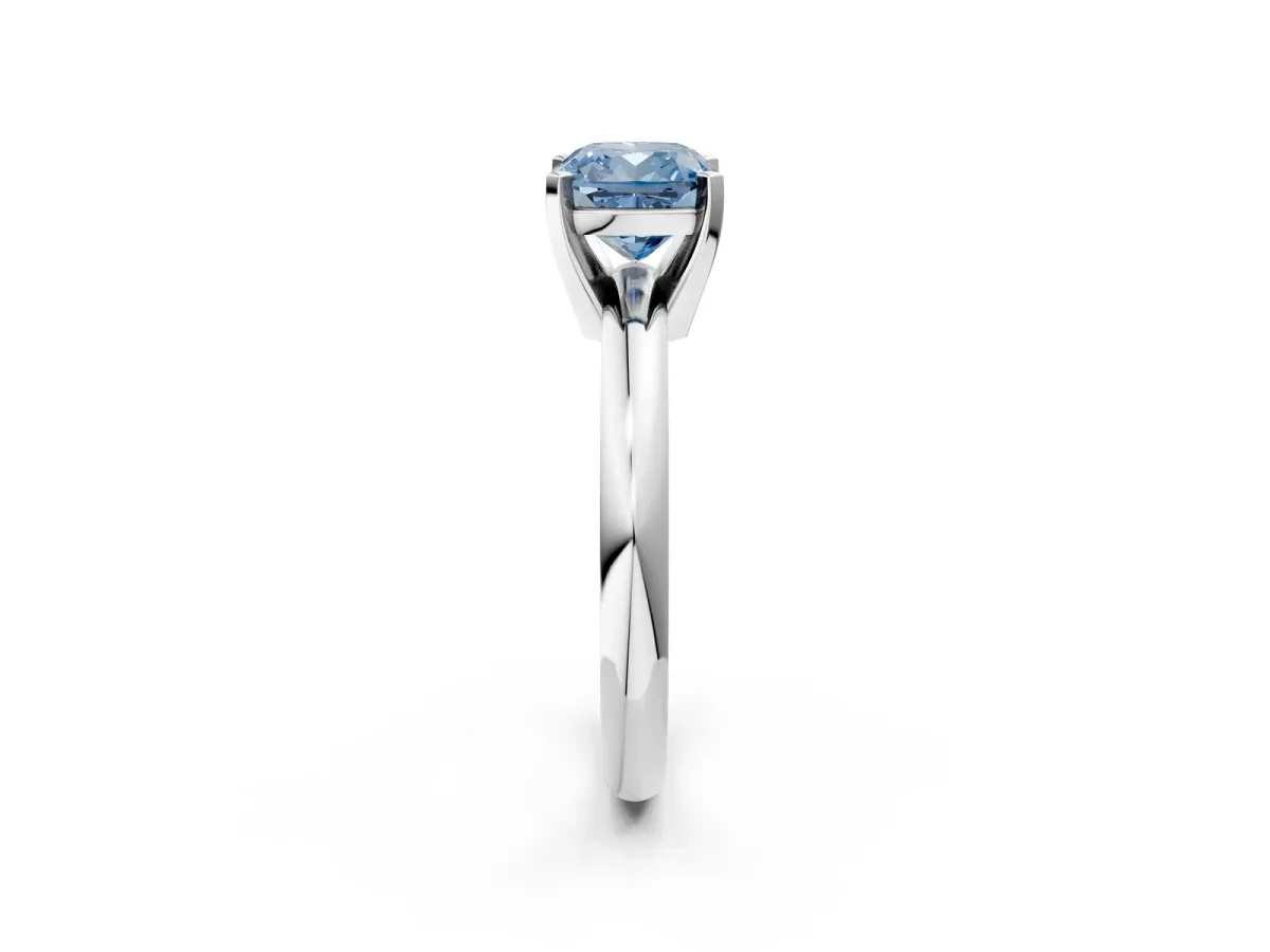 Fancy Blue Cushion Cut Diamond Solitaire Engagement Ring with Round Band and Four-Prong Setting Silver