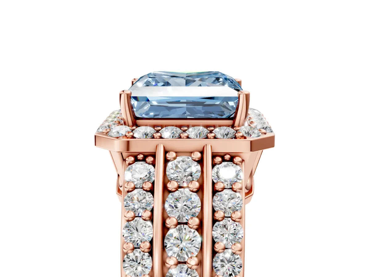 Fancy Blue Princess Cut Halo Diamond Ring with Round Split Shank and Prong Setting Rose gold