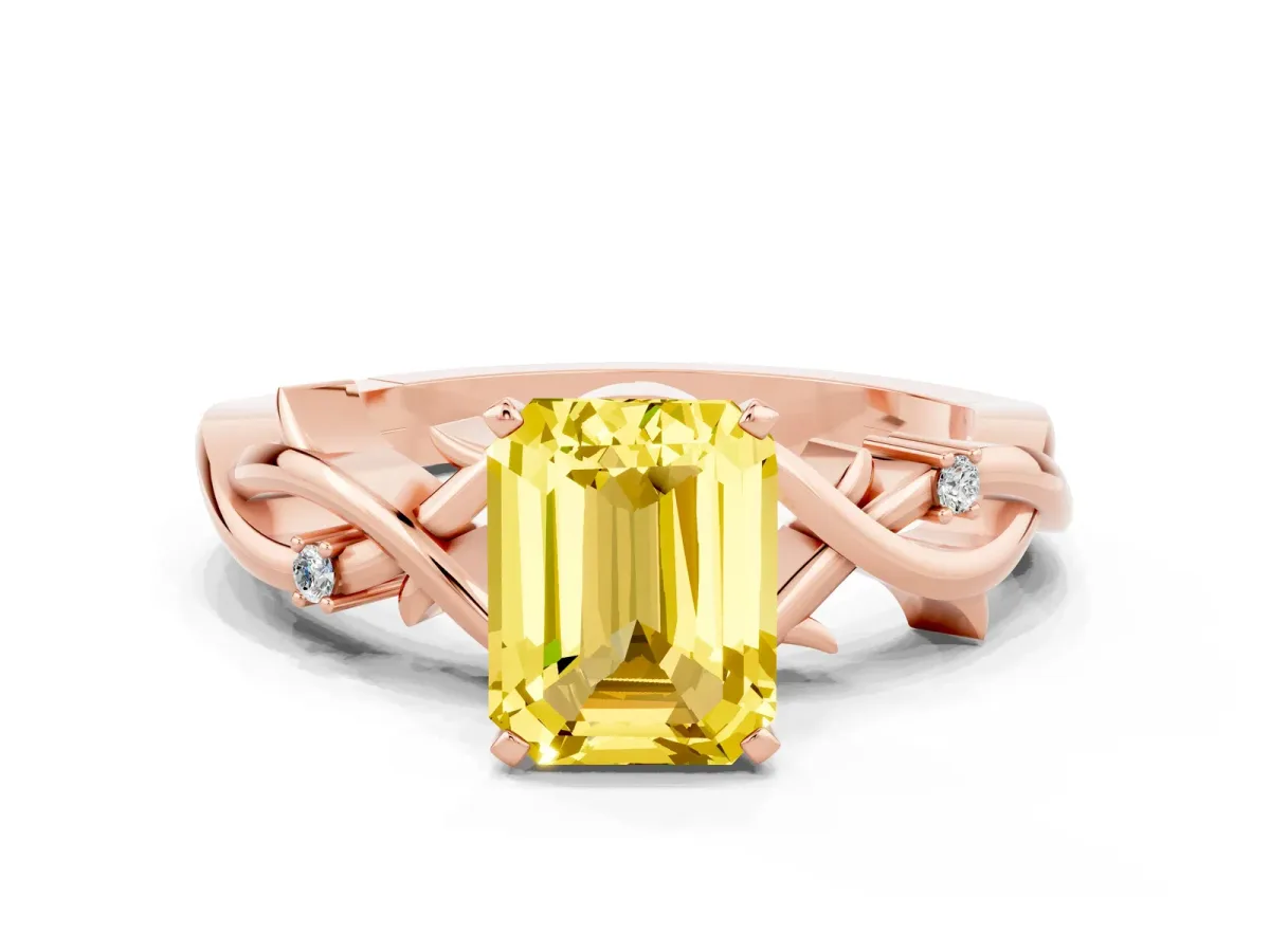 Emerald Cut Yellow Sapphire Solitaire Ring with Twisted Band and Prong Setting Rose gold