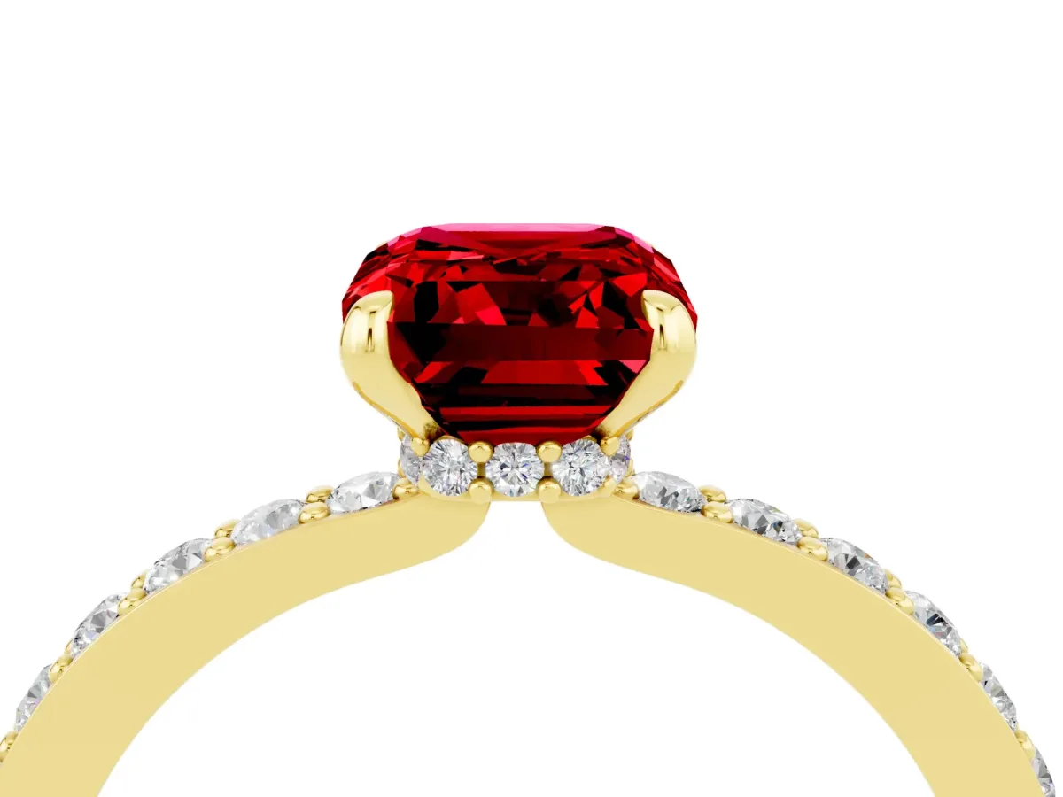 Emerald Cut Ruby Solitaire Engagement Ring with Pavé Band and Four-Prong Setting Yellow gold