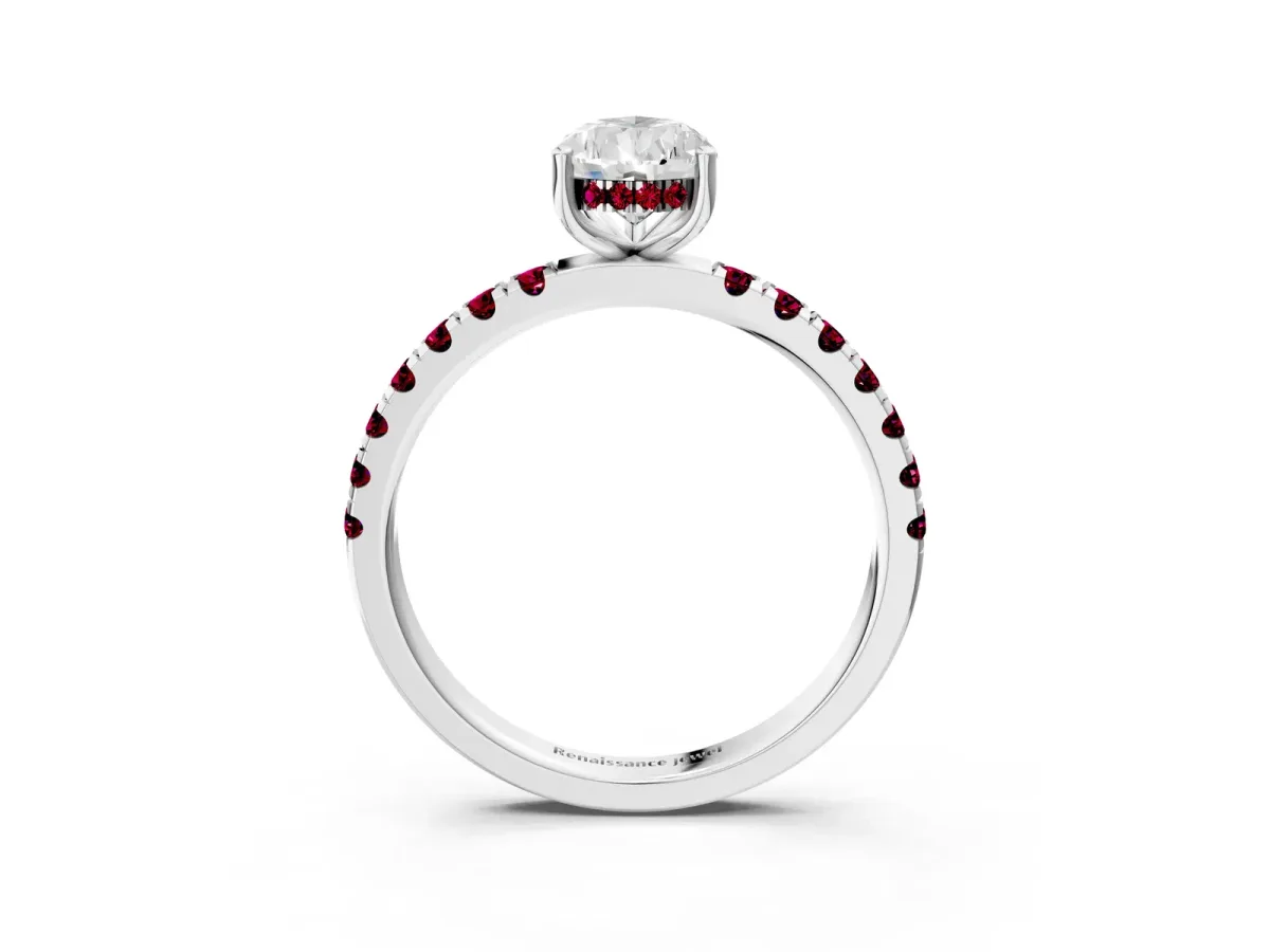 Pear Cut Diamond Pave Band Solitaire Ring with Round Garnet and Prong Setting Platinum