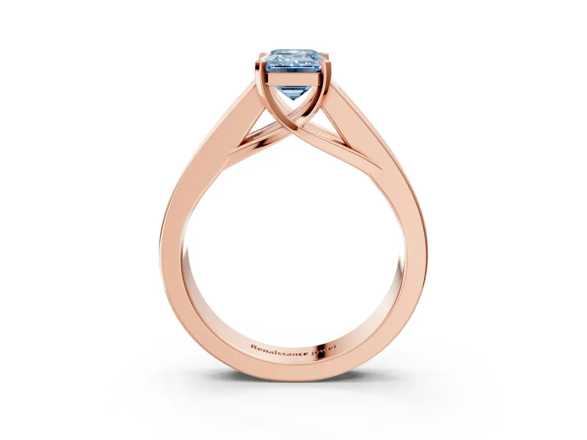 Fancy Blue Emerald Cut Cut Channel Set Solitaire Ring with Four-Prong Setting Rose gold