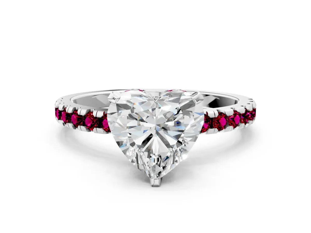Heart Cut Diamond Solitaire Ring with Round Garnet Pavé Band and Four-Prong Setting Silver