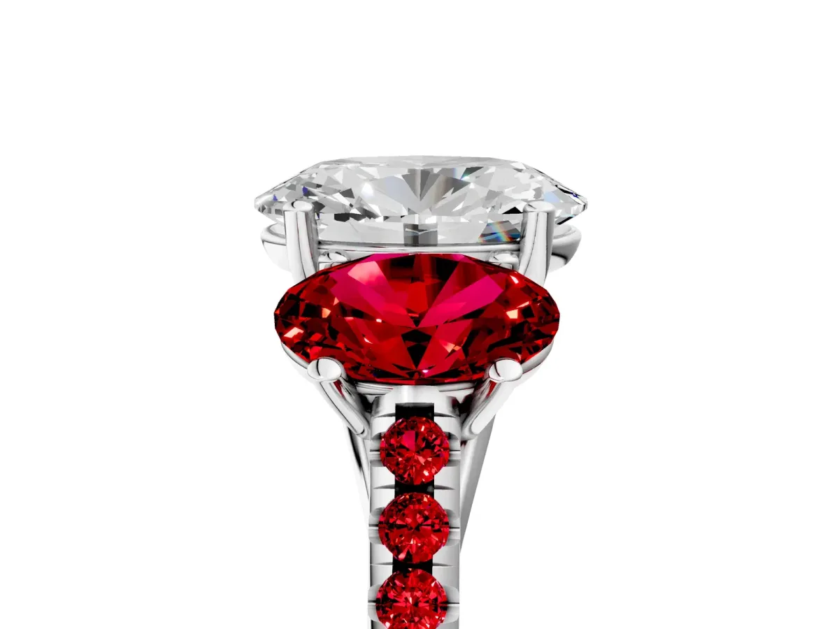 Three-Stone Oval Cut Diamond Ring with Round Ruby Pavé Band and Prong Setting White gold