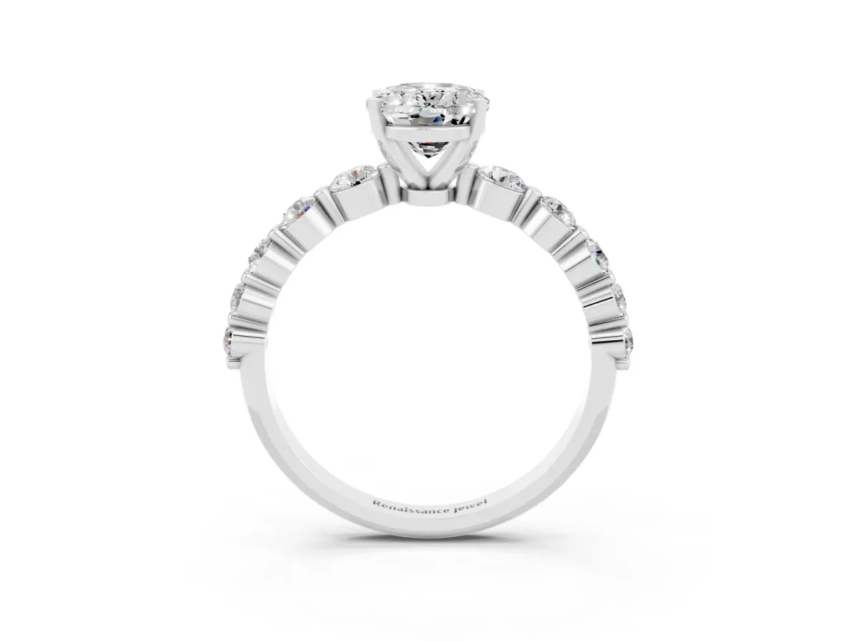 Oval Cut Solitaire Moissanite Ring with Pave Band and Four-Prong Setting Silver
