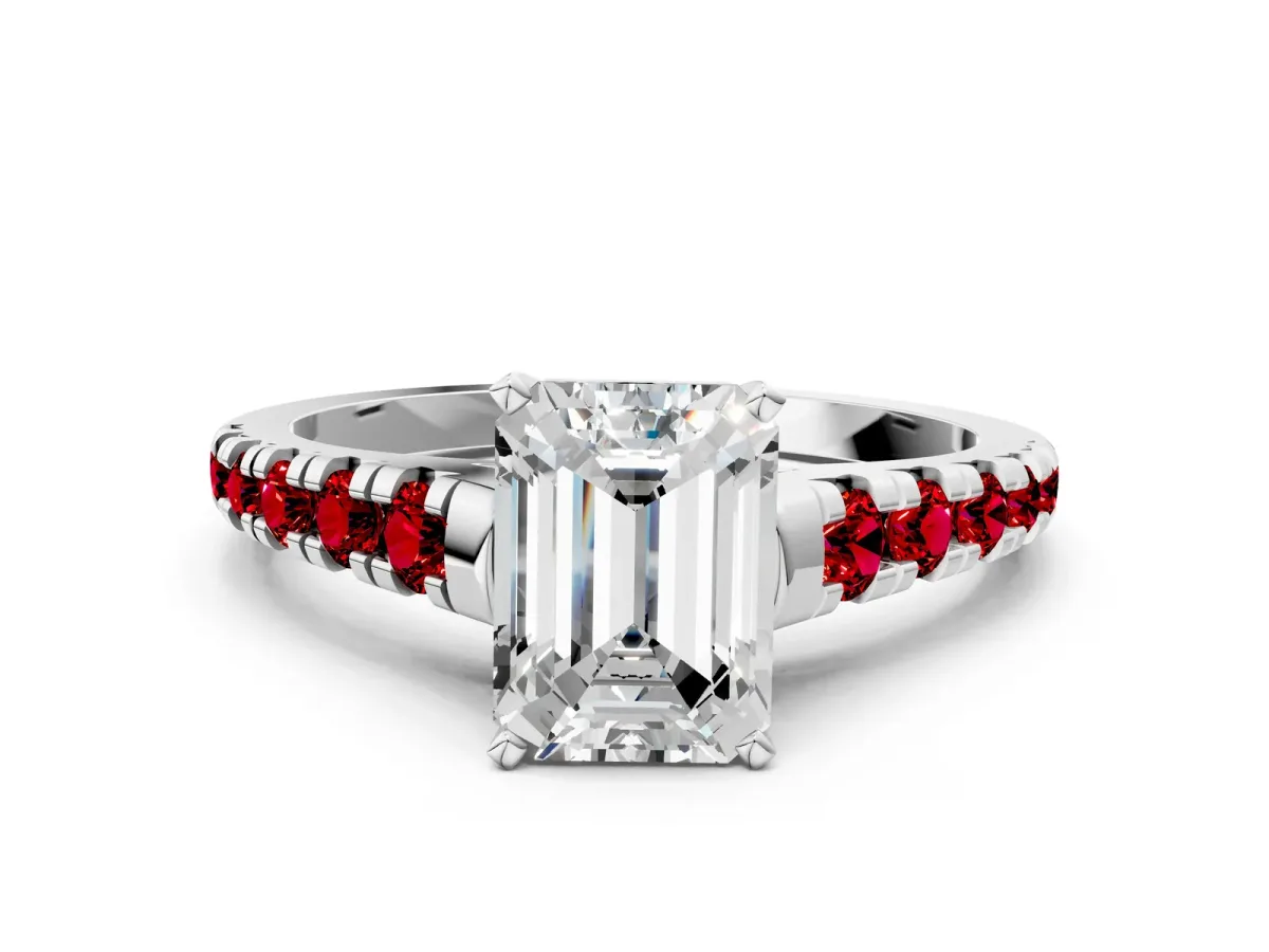 Emerald Cut Diamond Cathedral Solitaire Ring with Round Ruby Pavé Band Platinum