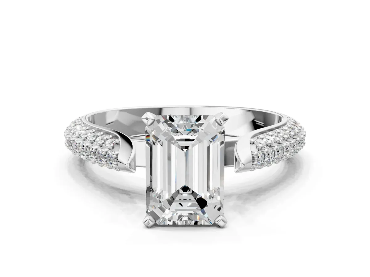 Emerald Cut Diamond Solitaire Engagement Ring with Multi-Row Round Pavé Band and Prong Setting Silver