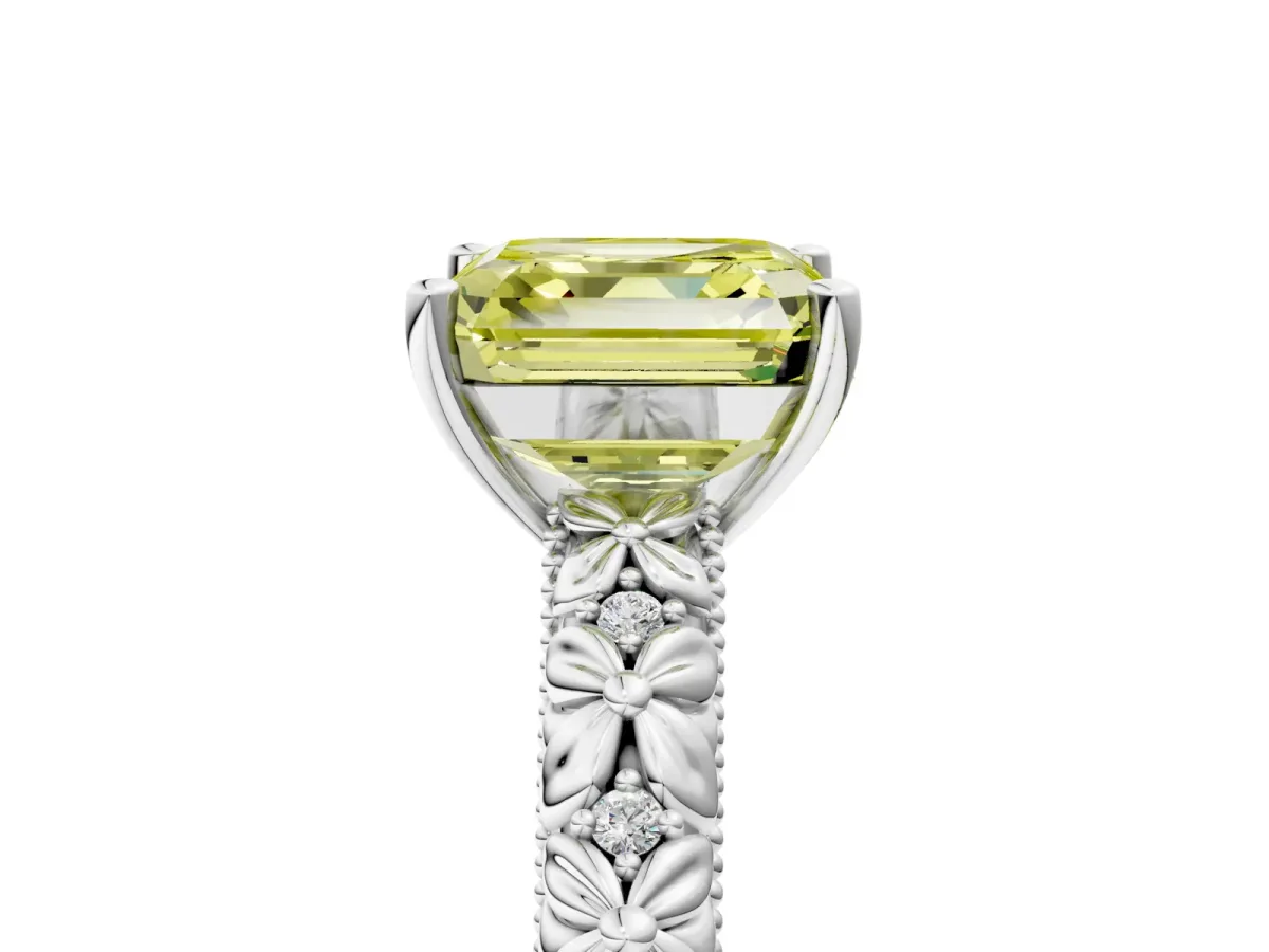 Fancy Yellow Asscher Cut Solitaire Floral Milgrain Engagement Ring Platinum