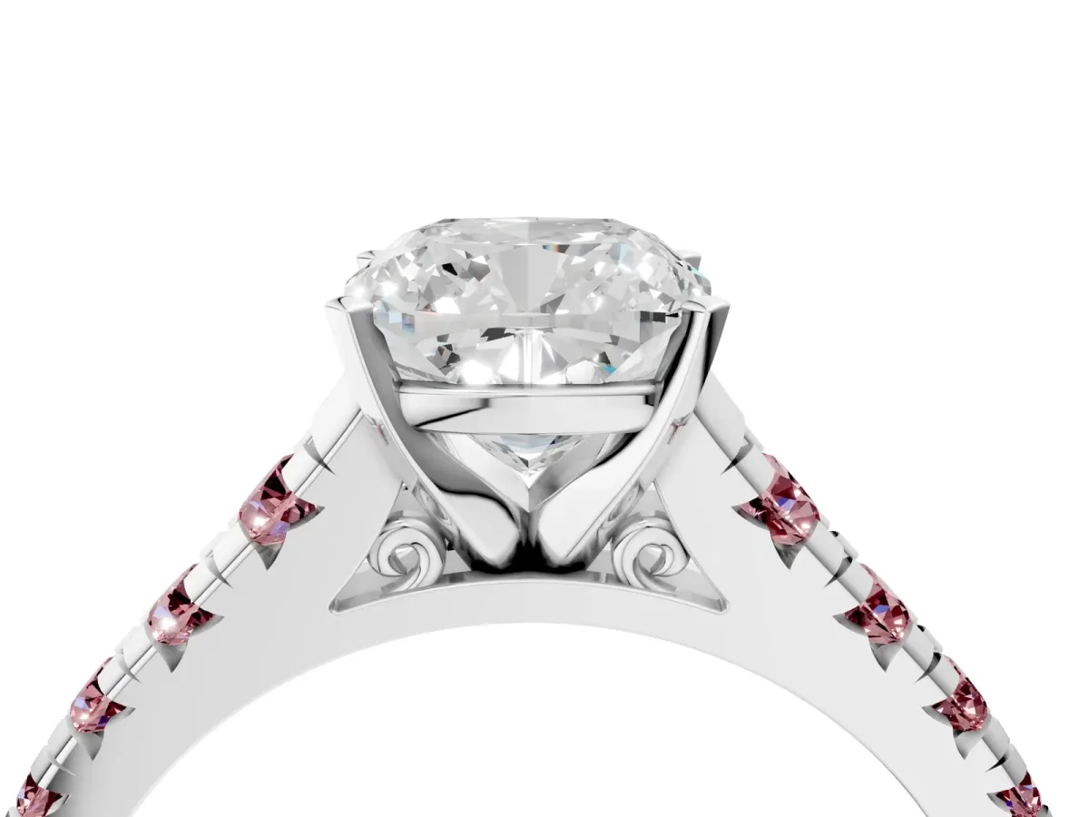 Cushion Cut Diamond Cathedral Solitaire Ring with Round Morganite Pavé Band Silver