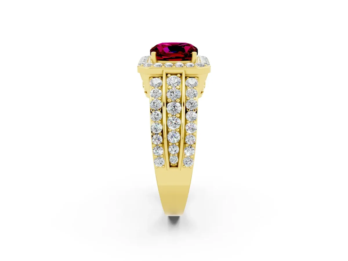 Cushion Cut Halo Garnet Ring with Round Split Shank and Prong Setting Yellow gold