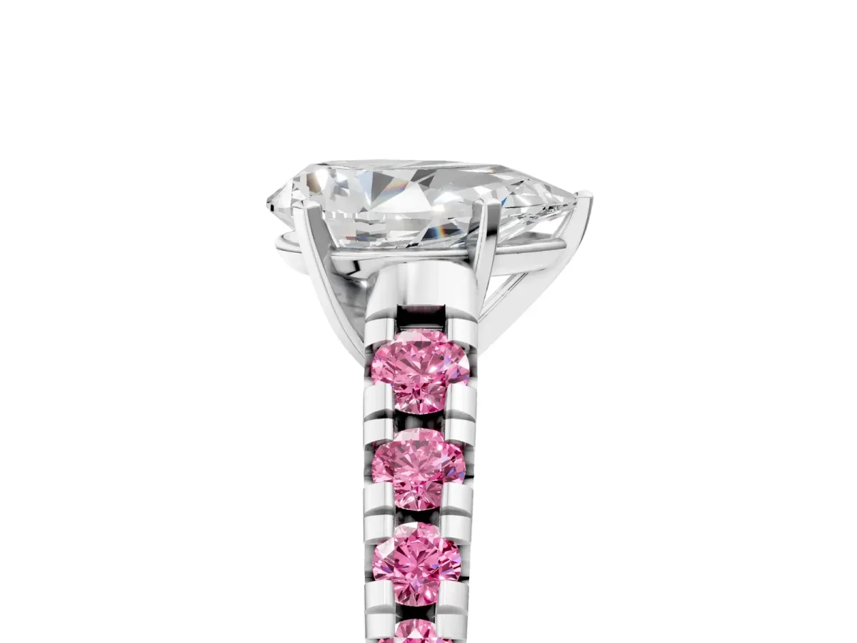 Pear Cut Diamond Cathedral Solitaire Ring with Round Pink Sapphire Pavé Band Silver