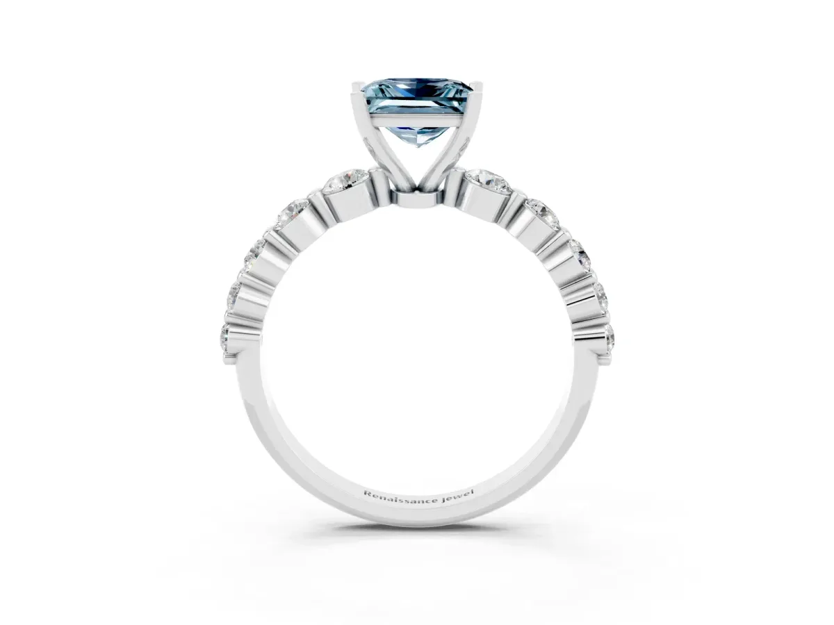 Princess Cut Solitaire Aquamarine Ring with Pave Band and Four-Prong Setting Silver
