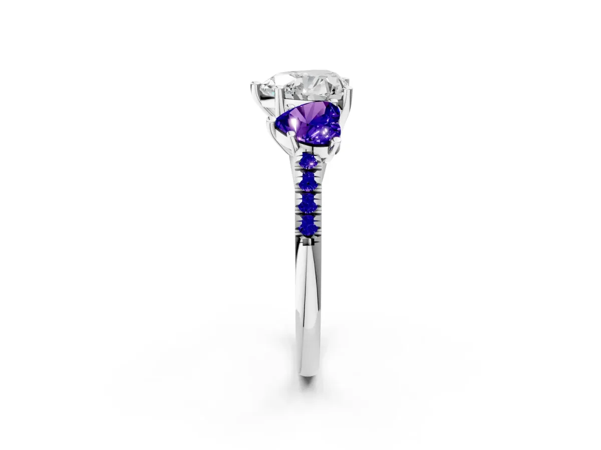 Three-Stone Heart Cut Diamond Ring with Round Tanzanite Pavé Band and Prong Setting Silver