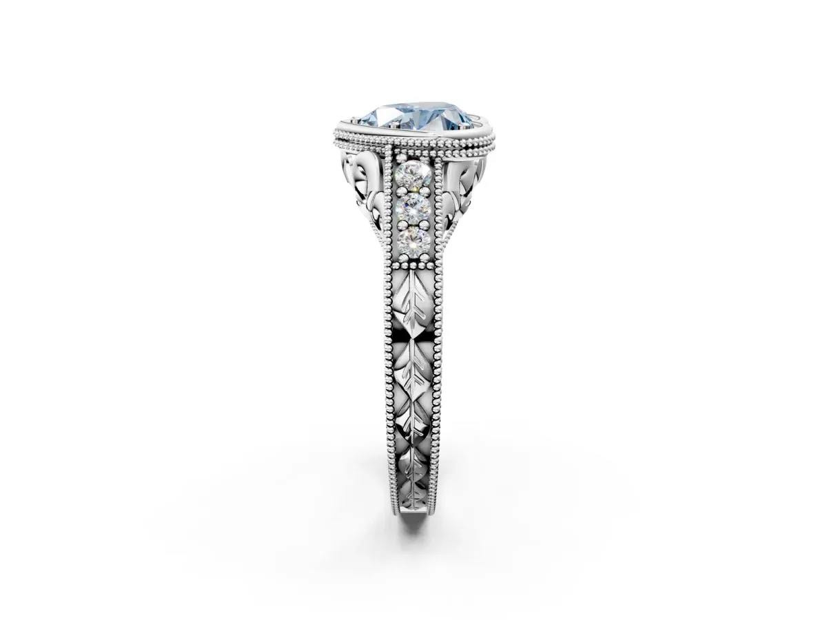 Fancy Blue Bezel Set Heart Cut Diamond Milgrain Pave Engagement Ring Platinum