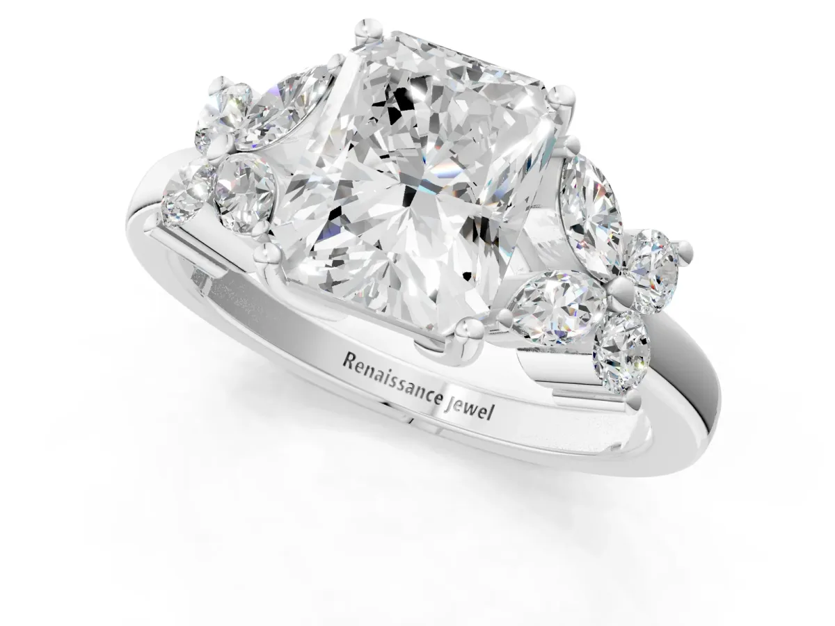 Radiant Cut Diamond Floral Cluster Ring with Solitaire Band and Prong Setting Platinum