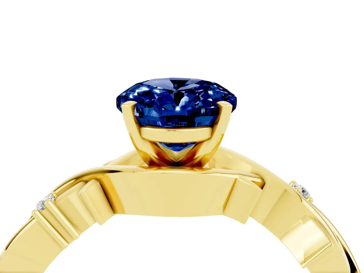 Oval Cut Blue Sapphire Solitaire Ring with Twisted Band and Prong Setting Yellow gold