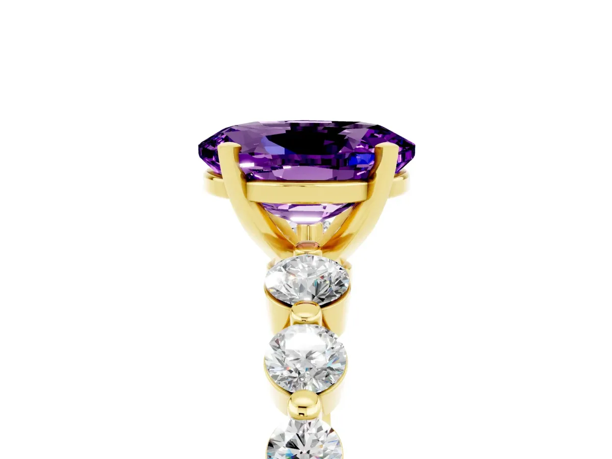 Oval Cut Solitaire Amethyst Ring with Pave Band and Four-Prong Setting Yellow gold