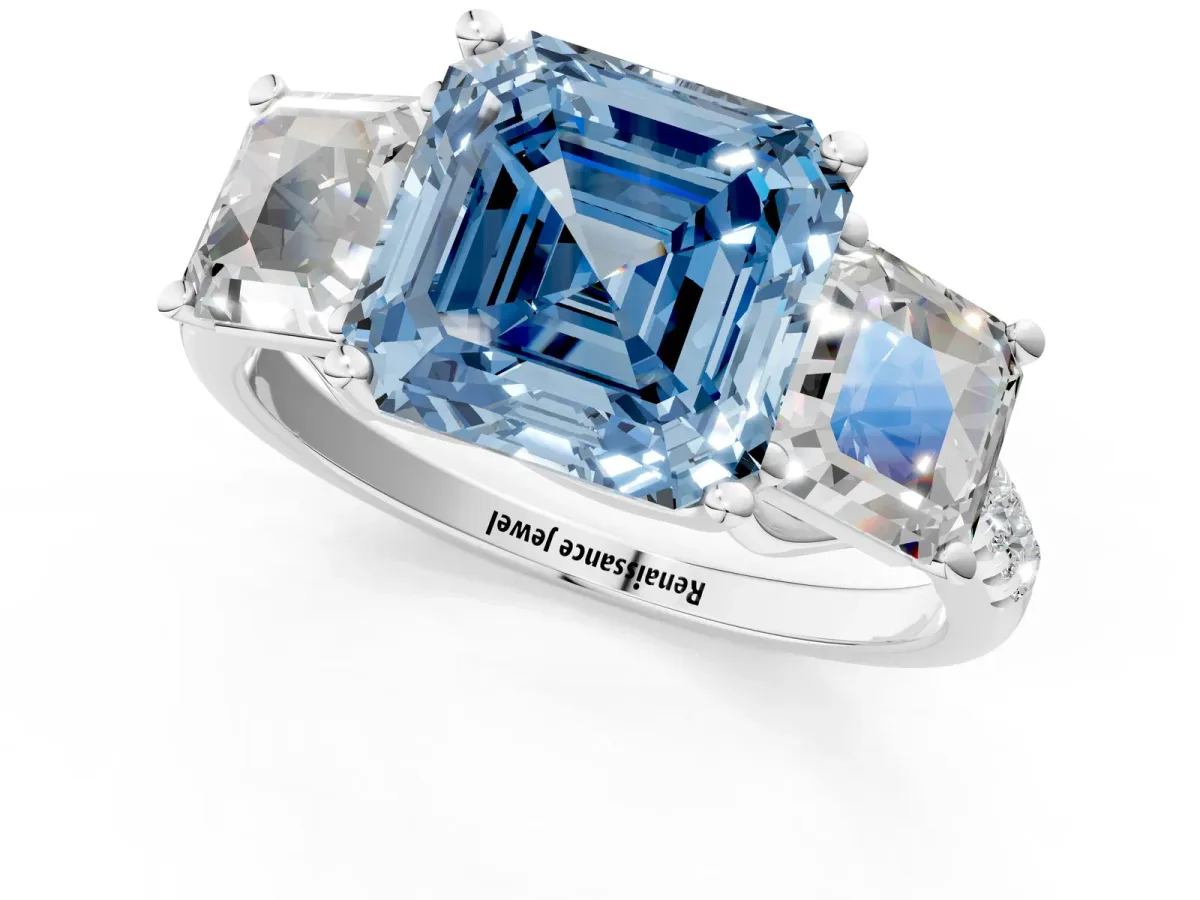 Fancy Blue Three-Stone Asscher Cut Diamond Ring with Round Pavé Band and Prong Setting Silver