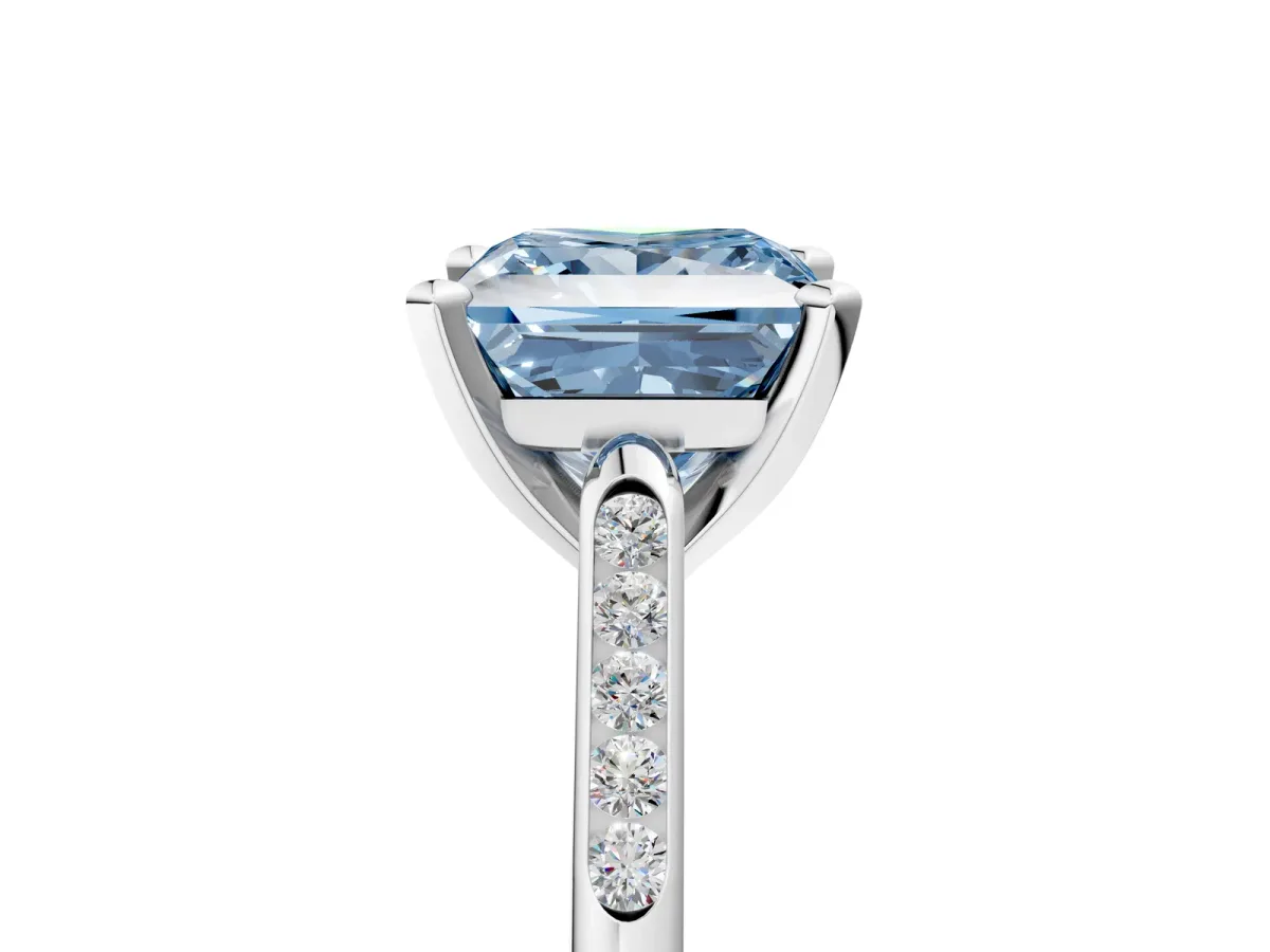 Fancy Blue Princess Cut Diamond Solitaire Ring with Channel Set Round Band and Prong Setting Silver