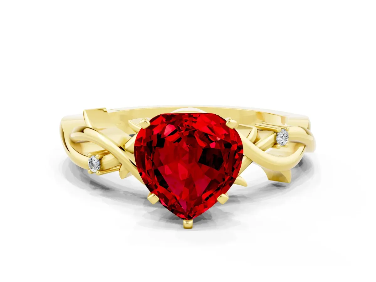 Heart Cut Ruby Solitaire Ring with Twisted Band and Prong Setting Yellow gold