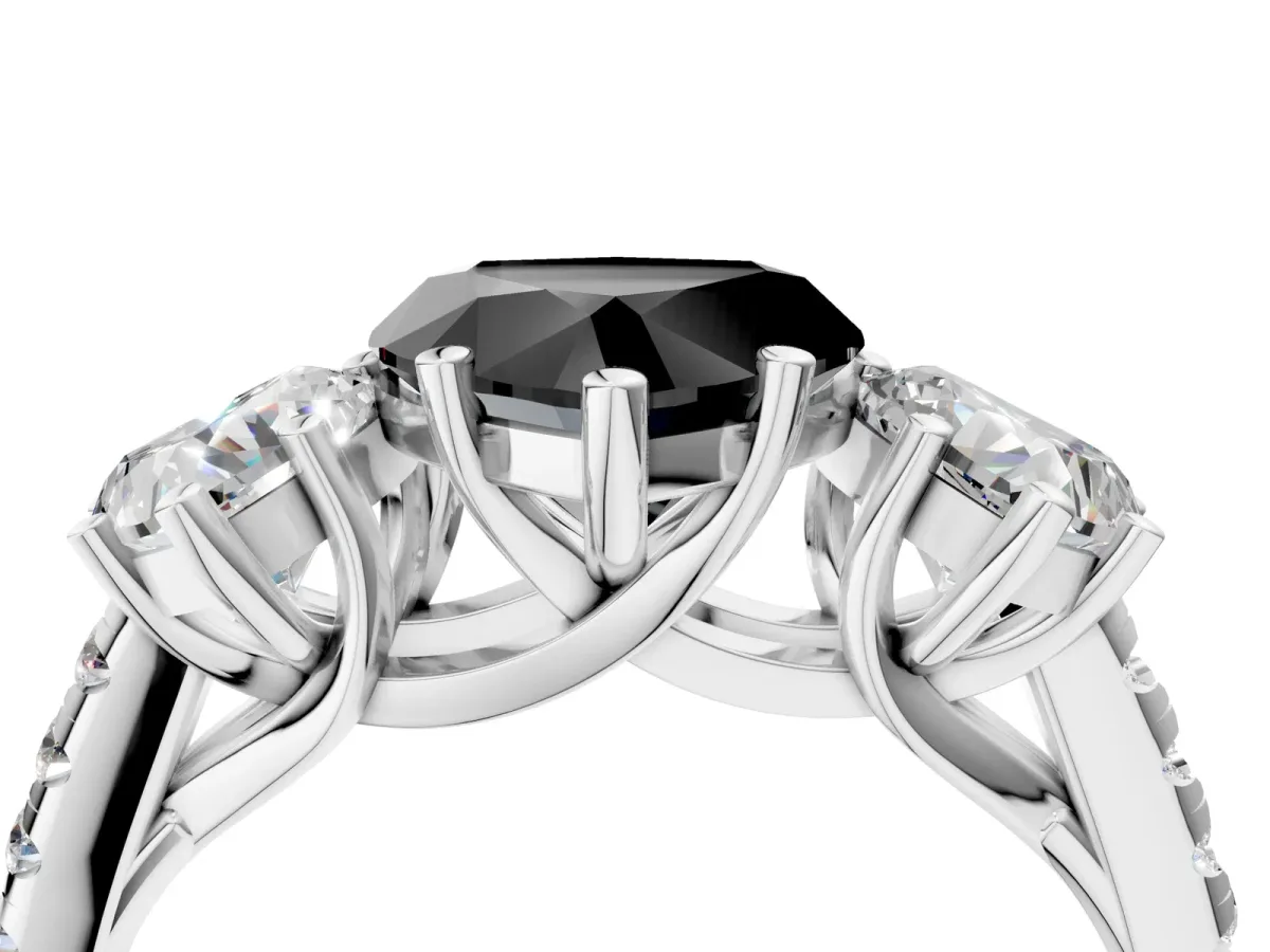 Fancy Black Three-Stone Heart Cut Diamond Ring with Round Pavé Band and Prong Setting Silver